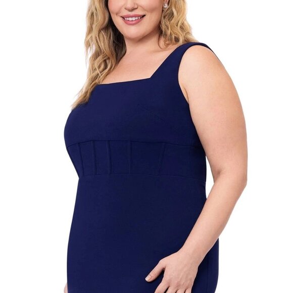 Betsy & Adam Plus Size 14W Navy Blue Scuba Crepe Corset Midi Cocktail Dress - Picture 2 of 10